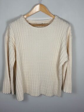 Creamon 100% Cotton Textured Knit Sweater Large Ivory Boxy Relaxed Long Sleeve